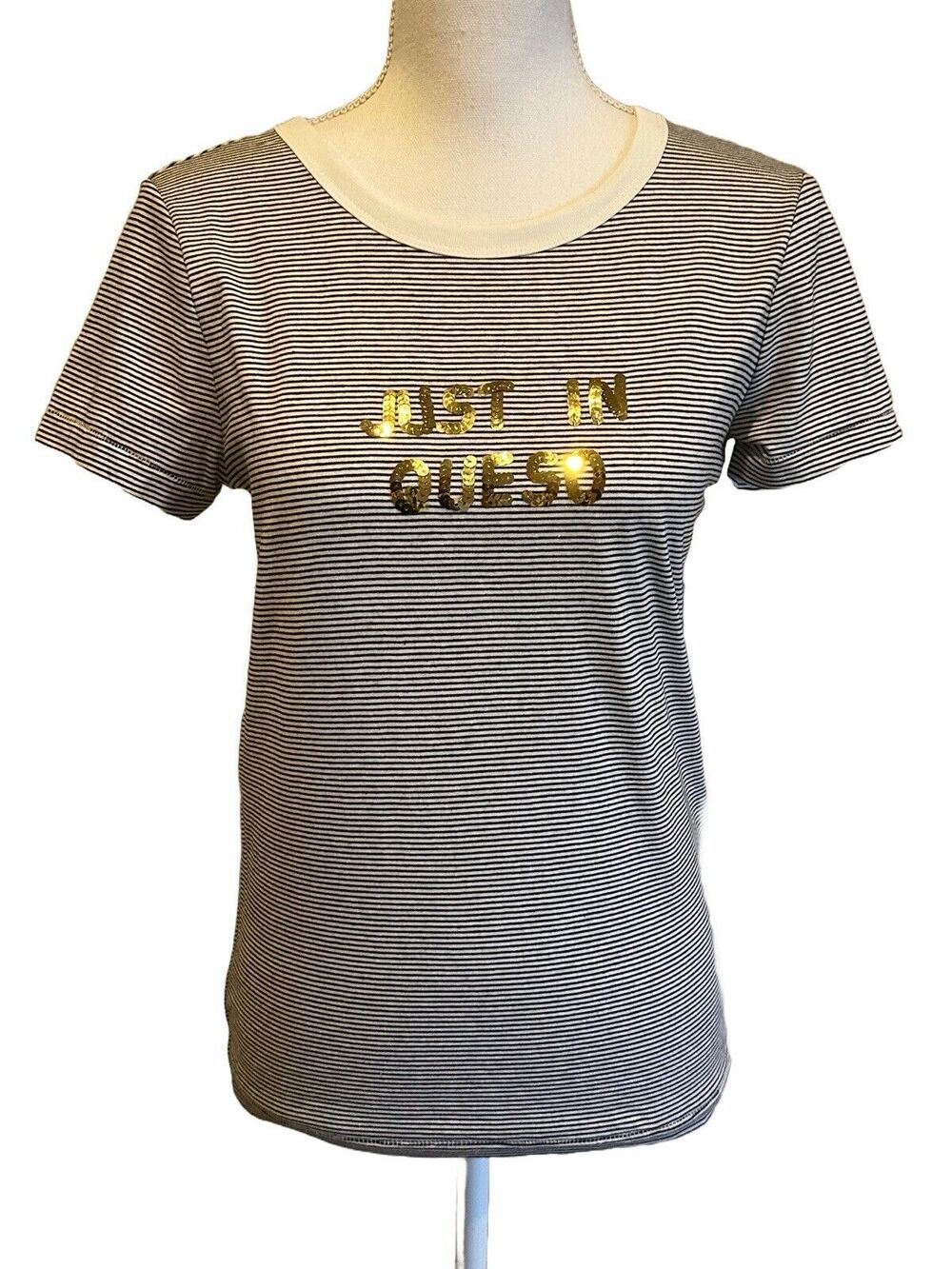 NWT Bow & Drape Women's S Small Just in Queso Graphic T-Shirt Black  Striped